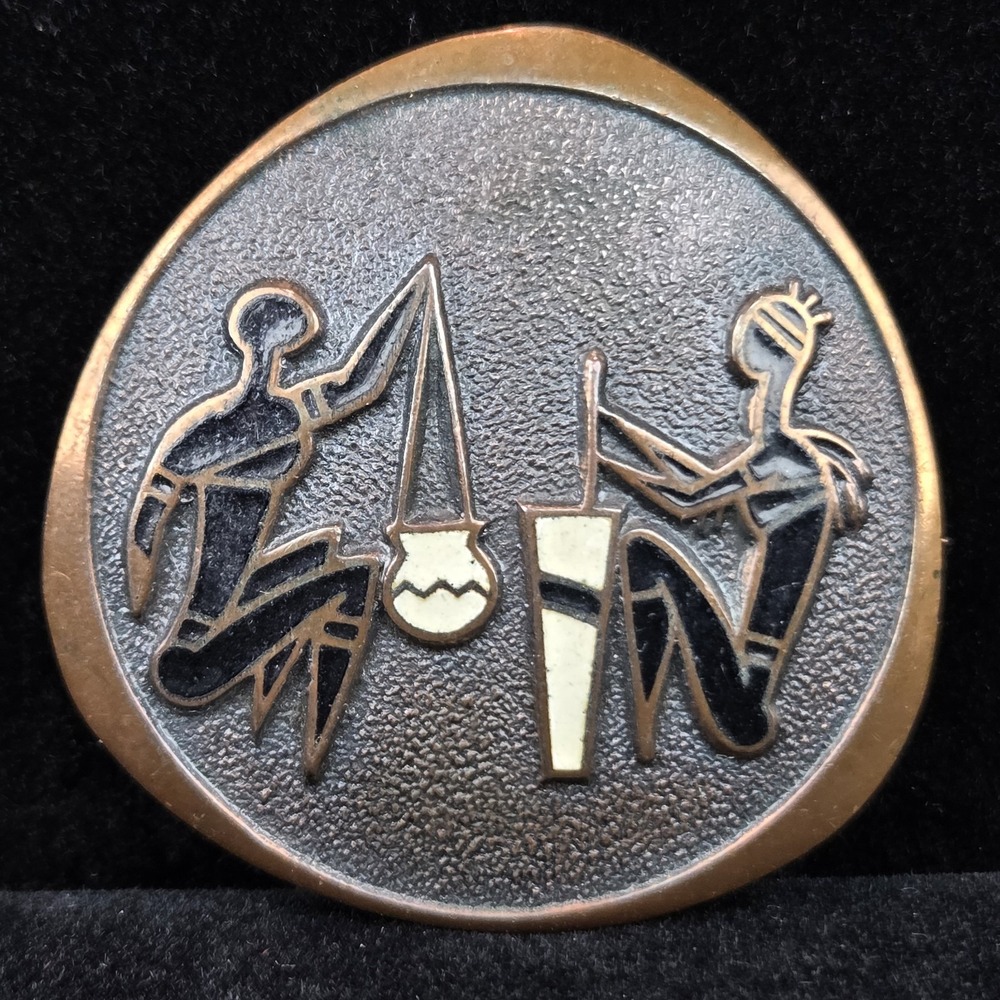 African Tribal Man Woman Copper Textured Enamel Vintage Brooch Pin